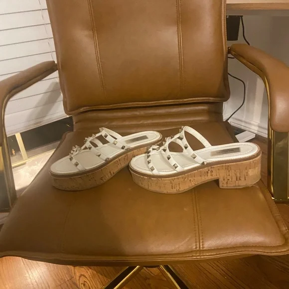 Valentino Rockstud white Cork Platform Mule Shoes Sandal Women's 37